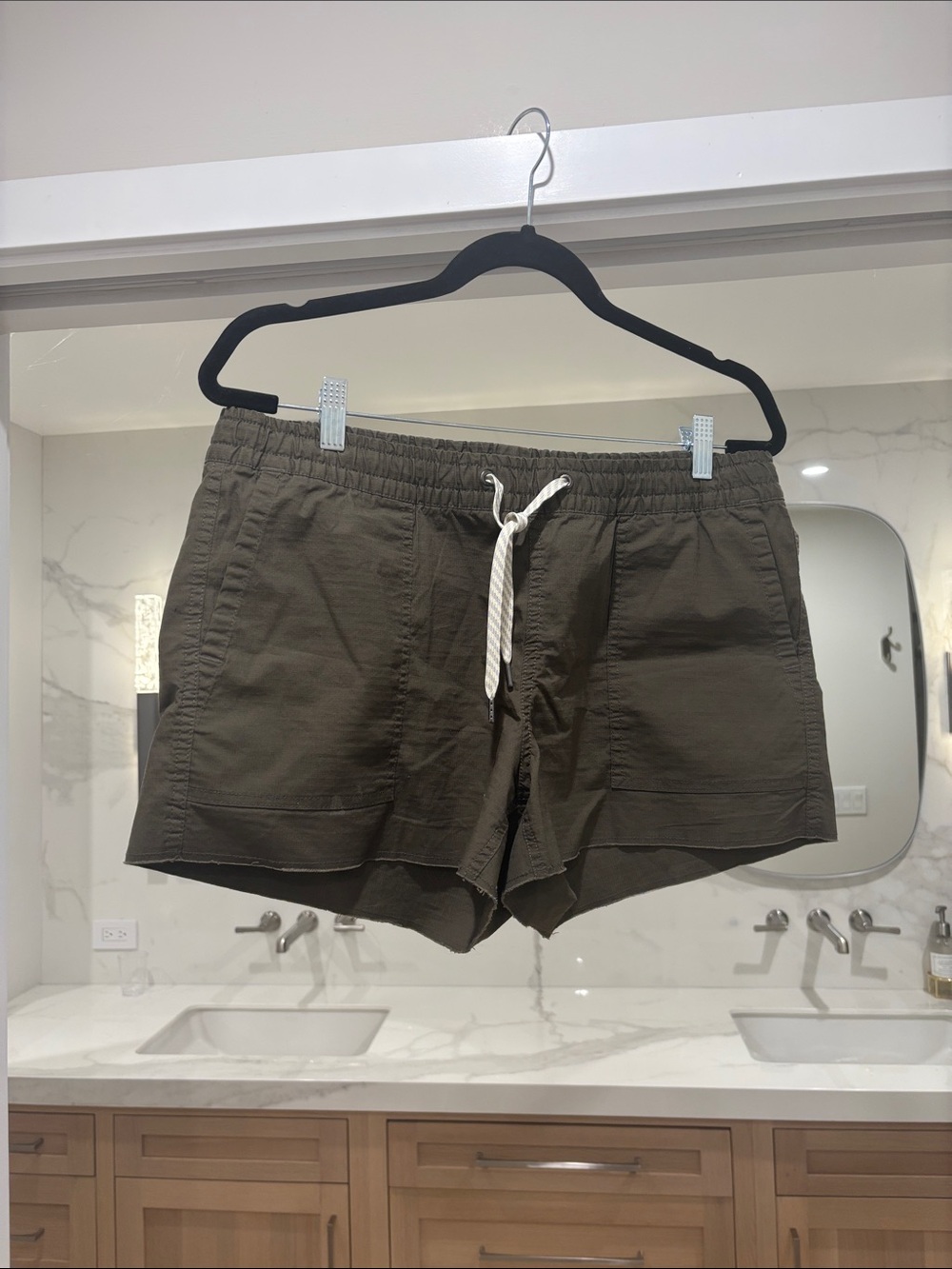 Vuori Olive Green Athletic Drawstring Shorts with White Tie